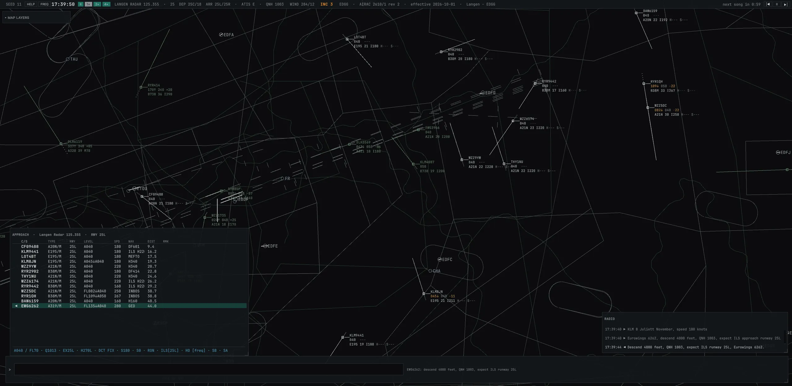 Echo Delta approach radar at Frankfurt with arrivals lined up for runway 25L
